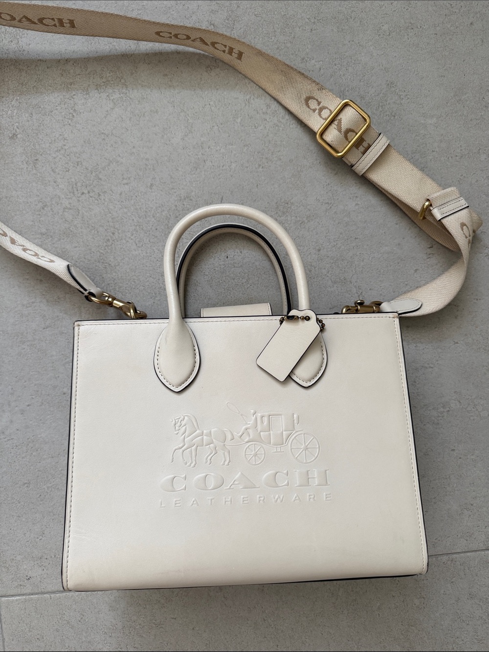 COACH Cream Leather Top-Handle Satchel with Logo and Signature Crossbody Strap